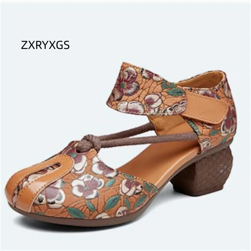 

ZXRYXGS Chinese Style Genuine Leather Splicing Printing Women Fashionable Shoes 2024 Spring Summer Retro Roman Shoes High Heels