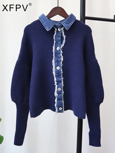 Splicing Denim Knitted Cardigan Korean Casual Sweater Jacket Coat Sweater Top Loose Women  Tide Autumn Winter  SM7850