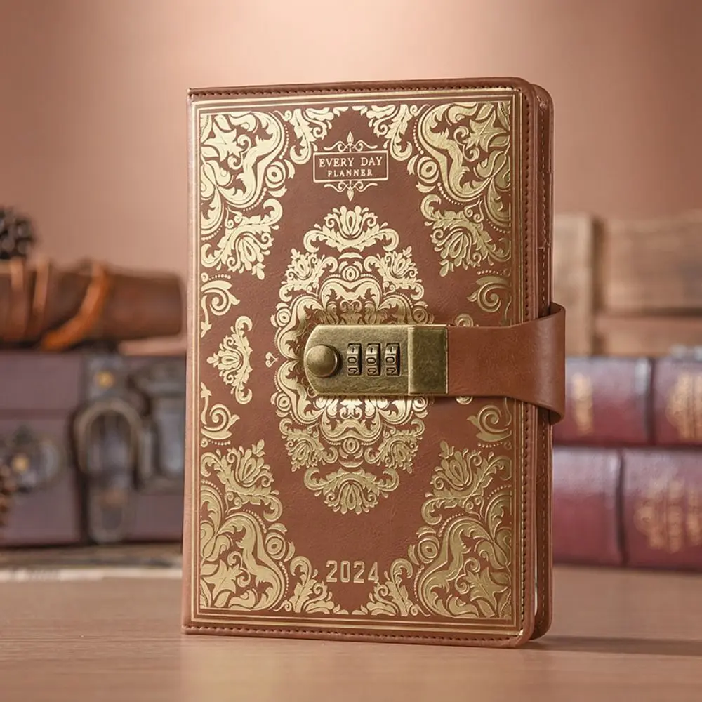 

A5 2024 Combination Lock Journal Ruled Lined Paper Password Locking Combination Lock Secret Diary PU Leather Floral Embossed