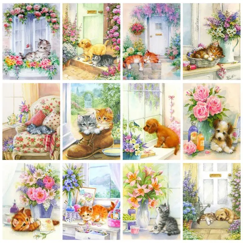 

RUOPOTY DIY Diamond Painting Animal Cat Mosaic Embroidery Flower Sale Home Decor Diamond Art