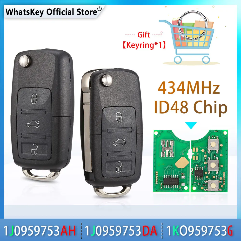 WhatsKey Remote Key 434Mhz ID48 Chip For Volkswagen VW 1J0959753AH 1KO959753G 1J0959753DA Beetle Bora Passat B5 Golf Polo datong world car remote control key aftermarket 20pcs 50pcs 100pcs transponder chip id48 glass blank oem unlock chip wholesale