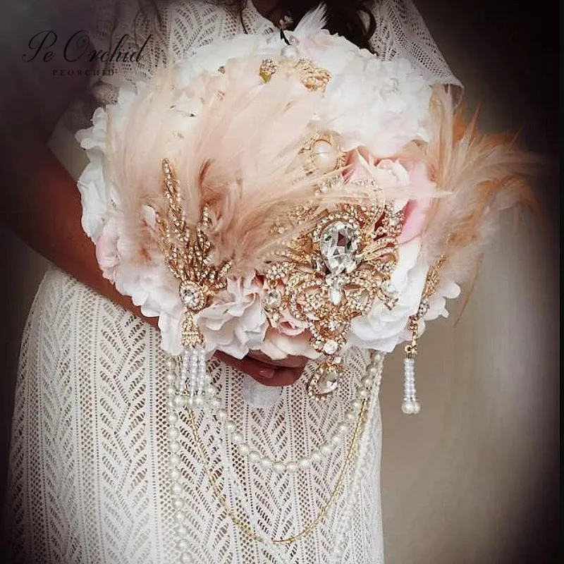 

PEORCHID 2023 Gatsby Bridal Brooch Bouquet Feathers Blush Pink and Ivory Vintage Draping Pearl Jeweled Wedding Cascading Bouquet