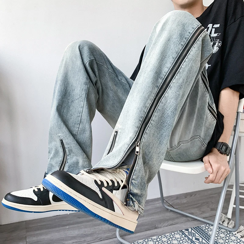 

2023 Casual Pants Men's Solid Jeans Loose Straight Fashion High Quality Brand Wide Leg Pants Handsome Long Trousers Male Q47