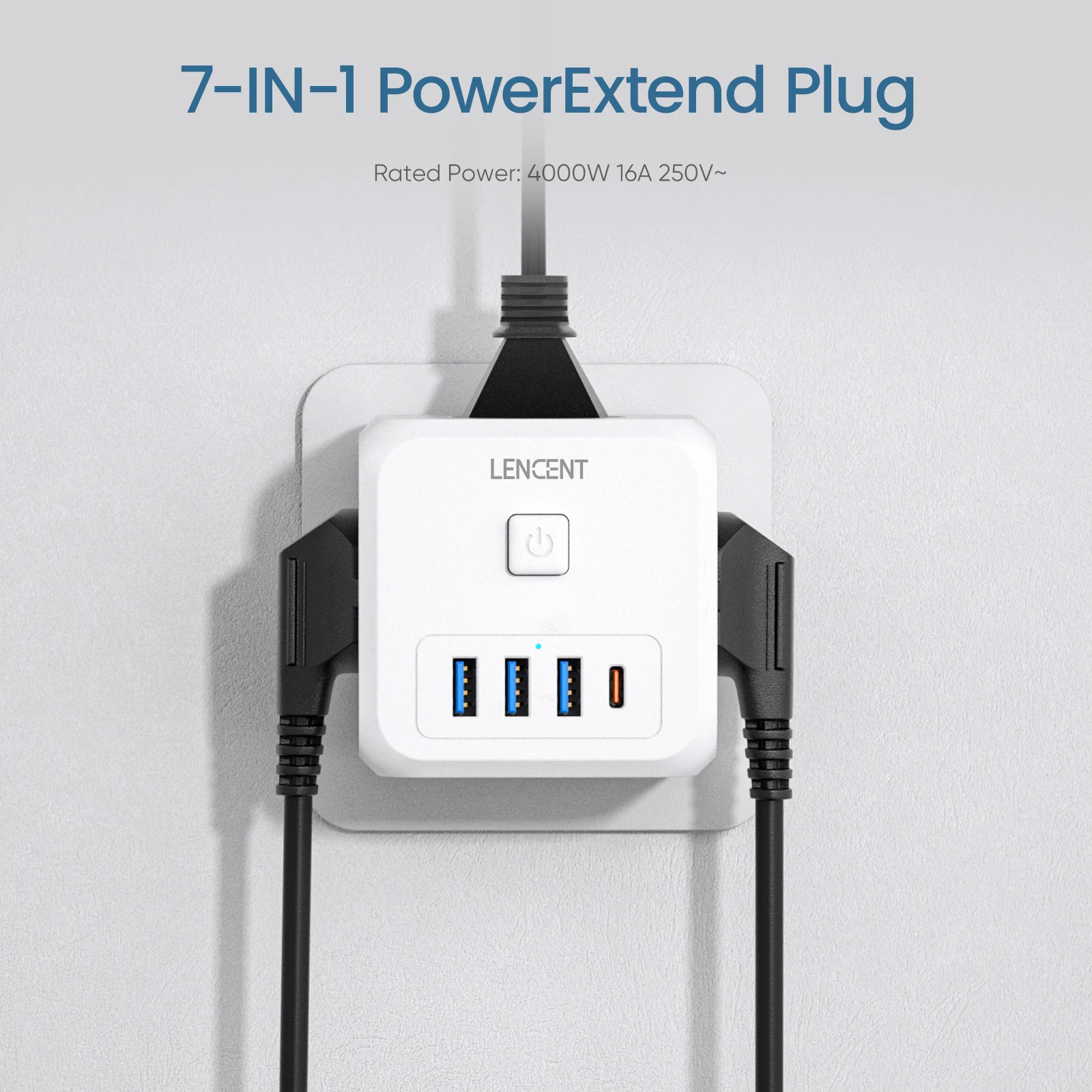 7-in-1 Wall Socket Extender 3 AC Outlets 3 USB Ports 1 Type C EU Plug Charger On/Off Switch For Home