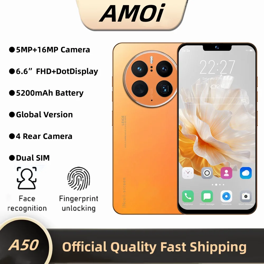 

Amoi A50 Smartphone 6.6" HD Full Screen 2GB+16GB Expandable Memory+Dual SIM Mobile Phones 5200mAh Battery 5MP+16MP Camera Phone