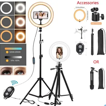 USB 충전기 LED 셀카 링 라이트, 휴대폰 렌즈 리모컨 램프, 사진 조명, 삼각대 스탠드 거치대 포함, 26cm