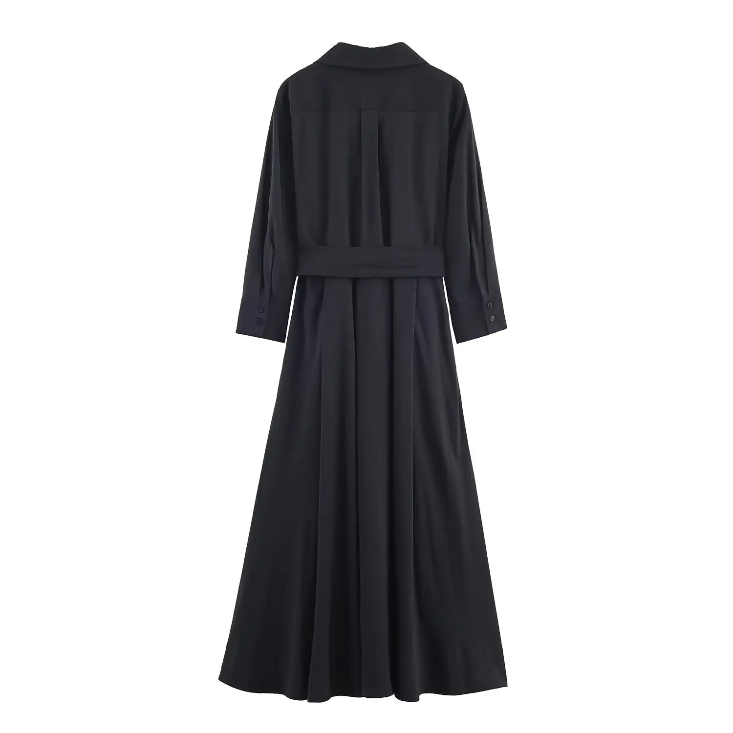 Women's lace-up Elegant Black Long Shirt-Dress Female Turn-Down Collar Single Breasted Long Sleeve Commuter Casual Midi Dress