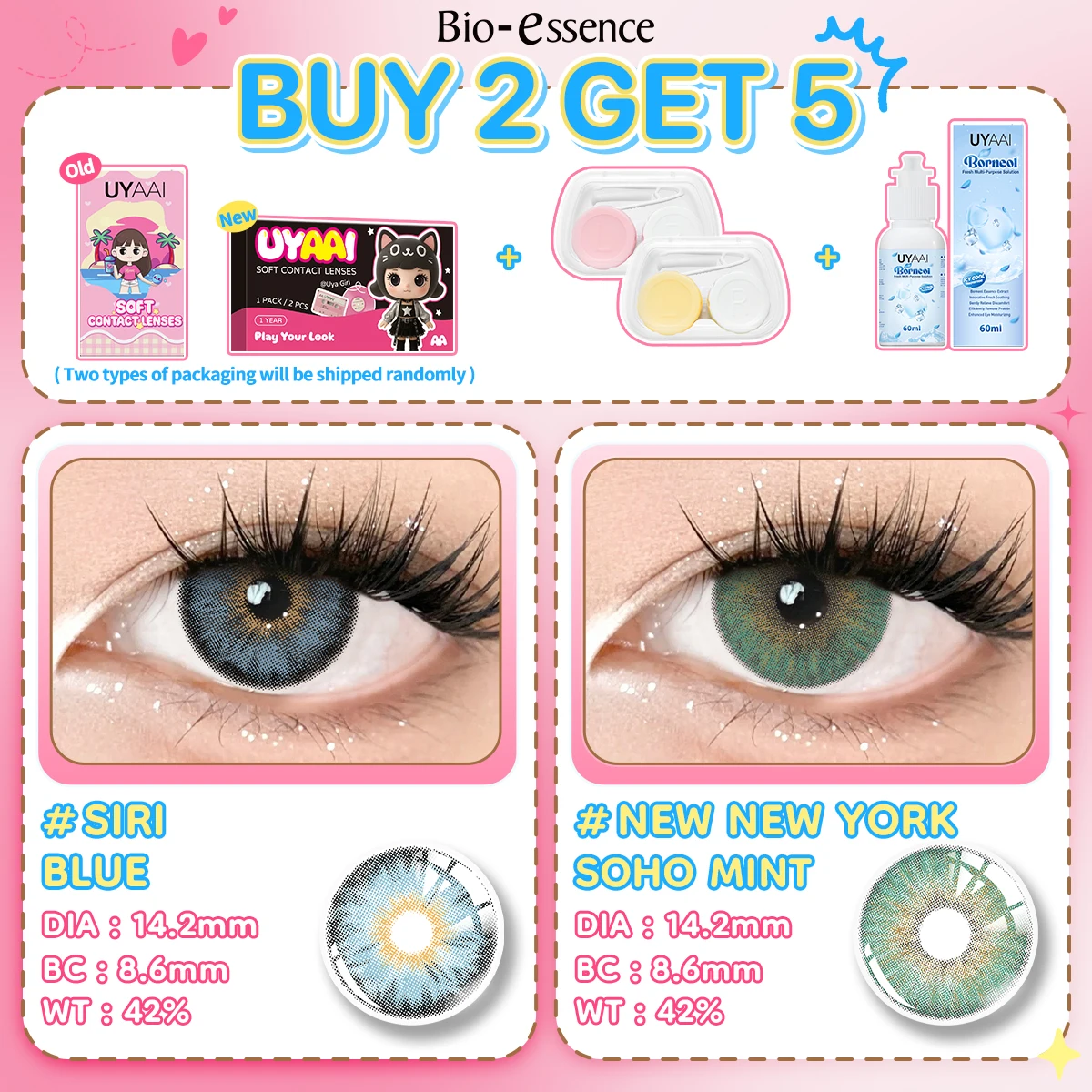 Bio-essence Colorful Vision: 2 Pairs of Yearly Natural Style Colored Contact Lenses with 60ML Solution