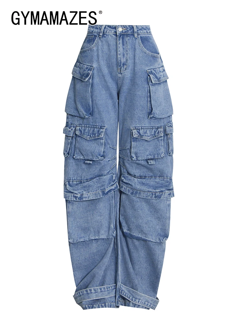 

GYMAMAZES Patchwork Pockets Denim Trousers Female High Waist Temperament Solid Wide Leg Long Trouser For Women Autumn Clothing
