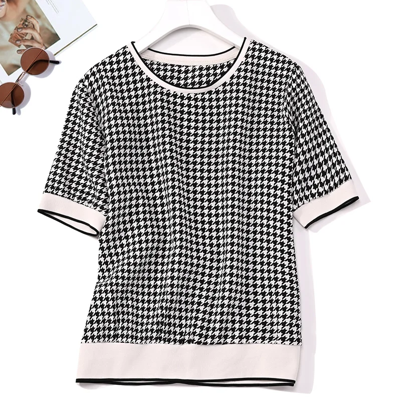 

Women 100% Mulberry Silk Crepe Silk T-Shirt Tee Top Blouse Crew Neck short sleeves White Black Checked Printed L XL XXL JN909