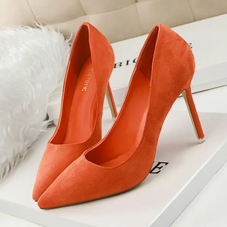 Women Elegant Flock Orange Purple Evening Banquet Party Pumps Lady Classic Scarpin New Burgundy 9cm High Heels Shoes Plus Size 2