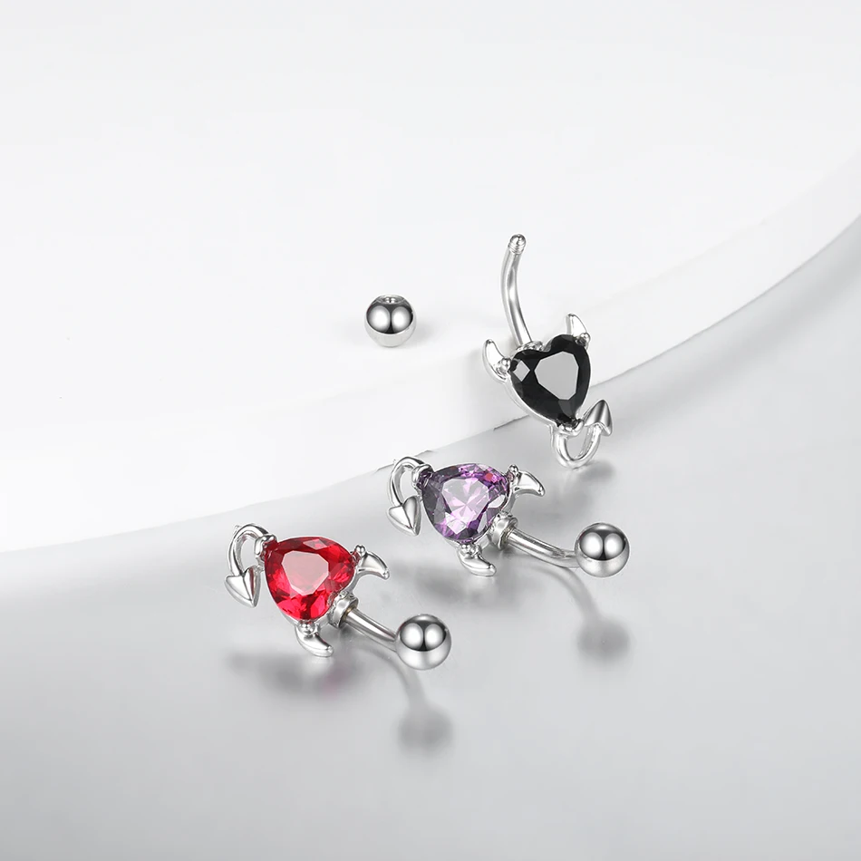 Stainless Steel Heart Belly Button Ring Women Sexy Purple Red Zircon Demon Devil Navel Piercing Dangle Earring Body Jewelry 1PC