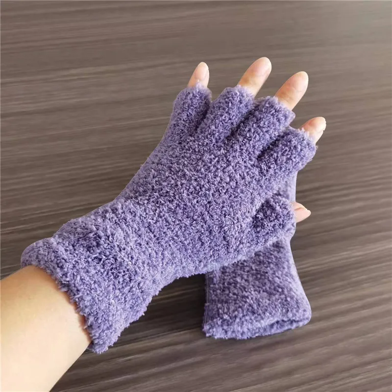 Korallen Fleece Handschuhe Frauen Mädchen Einfarbig Touchscreen Fingerlose Handschuh Winter Warm Verdicken Plüsch Halb Finger Schreiben Fäustlinge – Detail 8