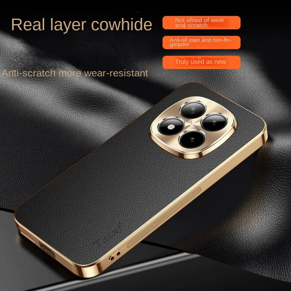 Premium Electroplated Frame Cowhide Leather Phone Case with 4-Lens Protector and Anti-Drop Cover