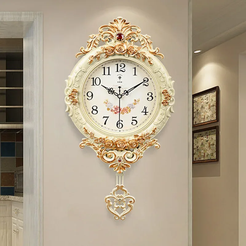 

European-style Living Room Decoration Mute Large Wall Clock Wall Sticker Home Decor Bedroom Flower Carving Retro Swing Clock