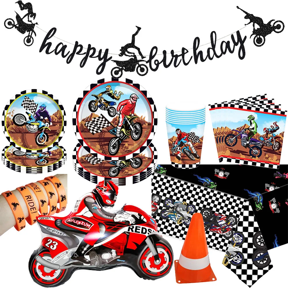 

Dirt Bike Decor For Boy Motorcycle Birthday Disposable Tableware Banner Balloon Cake Decor Motorbike Race Birthday Party Supplie