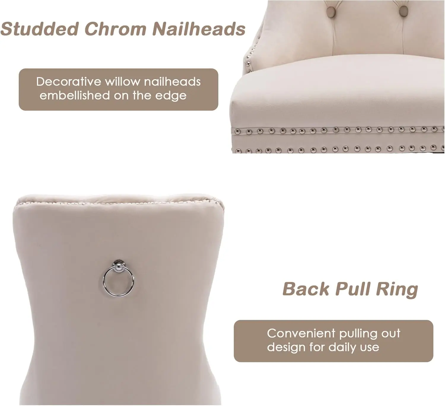Velvet Dining Chairs Set of 4, Upholstered High-end Tufted Dining Room Chair with Nailhead Back Ring Pull Trim Solid Wood Legs 5