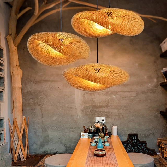 Lâmpada pingente de bambu artesanal vintage, Restaurante Café Lustres, Base de madeira, Iluminação bulbo E27, Hotel e quarto, Lâmpada clássica interior 5