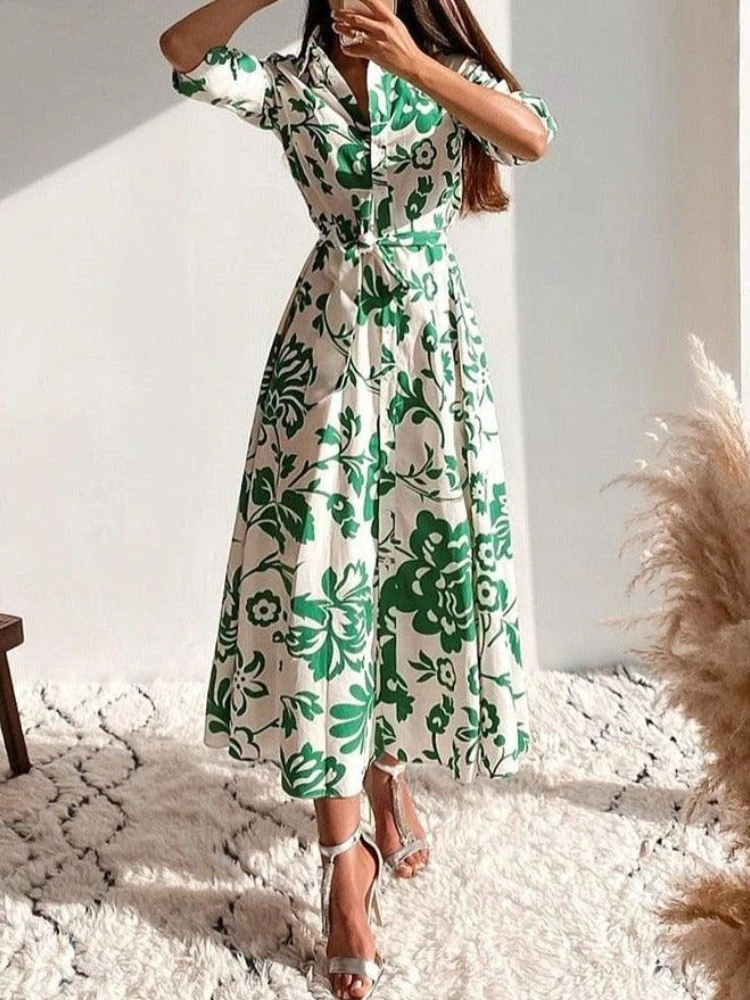 New Printed Short Sleeve Women's Lapel Short Sleeve Dress Shirt Style Casual Button Cardigan Lace Up Medium and Long Skirt