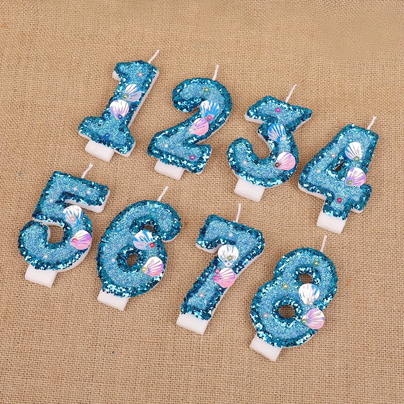 Glitzernde blaue Zahl Kerzen Kuchendeckel Kinder Junge Mädchen Geburtstag Party Kuchen Dekoration Meerjungfrau Partyzubehör Unter dem Meer Dekor – Detail 7