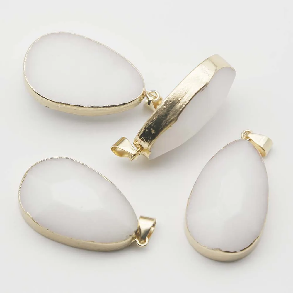 New Natural Stone White Jade Drop Pendant Gold Edge Charm Earrings Necklace DIY Jewelry Accessories Wholesale 6Pcs free shipping