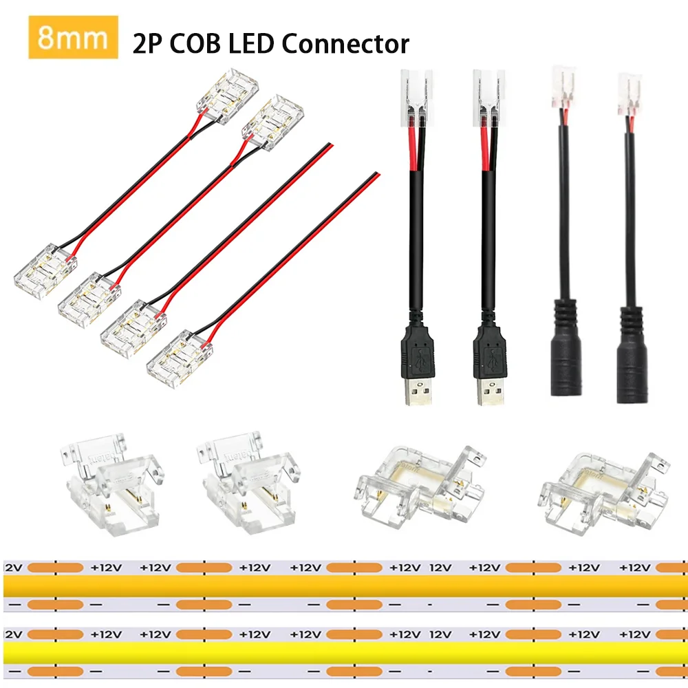 5 개/몫 무료 용접 COB LED 스트립 빠른 커넥터 8mm 2PIN 솔더리스 FOB 라이트 솔더 프리 스트립-DC USB ..