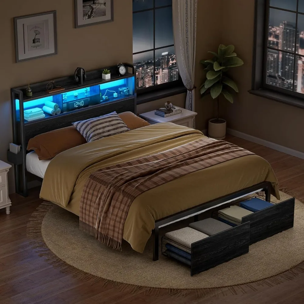 Queen Bed Frame with Wood Headboard and Storage Shelf, Metal Platform Bed Frame Queen Size with Storage Drawers86.4Lx61Wx 44.9H 6
