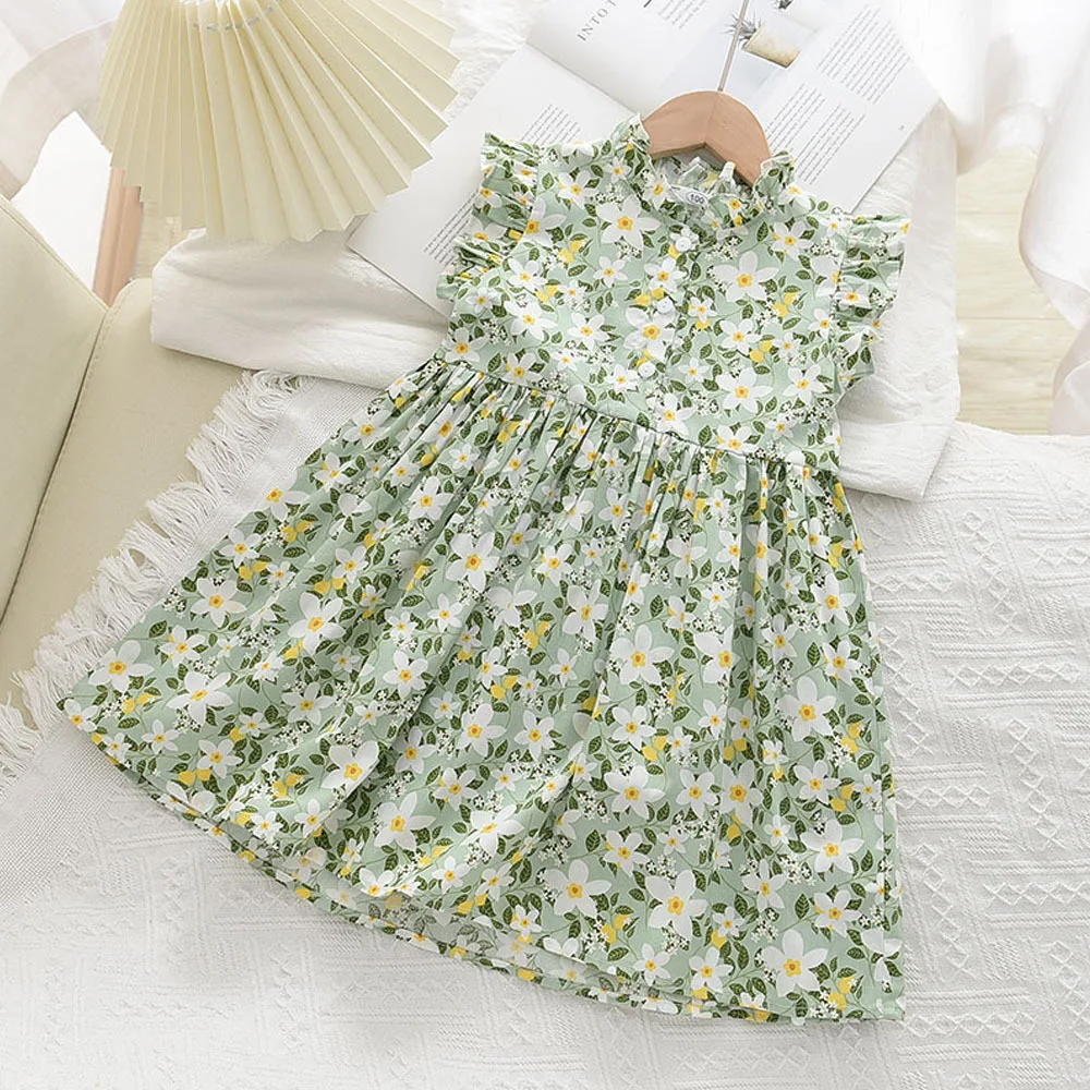 Summer Arrival Baby Girls Fly Sleeves Flowers Pattern Dress