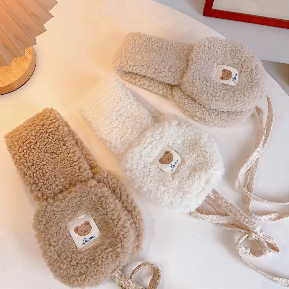 Cute Bear Tie Plush Earmuffs Windproof Foldable Ear Warmer Outdoor Riding Cold Protection Soft Plush Earflap Winter