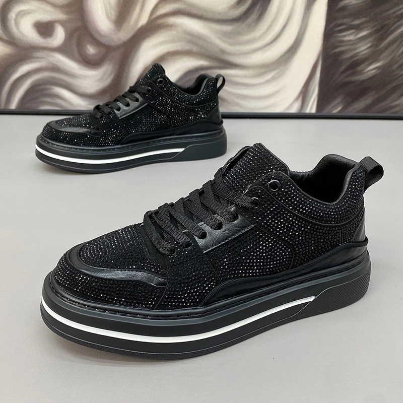 

men's casual platform shoes stage singer DJ dress flats rhinestone shoe genuine leather sneakers black red stylish footwear mans