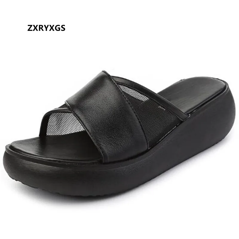 

ZXRYXGS Premium Cowhide Mesh Splicing Summer Women Slippers Sandals 2022 Large Size Thick Sole Wedges Slippers Women Sandals