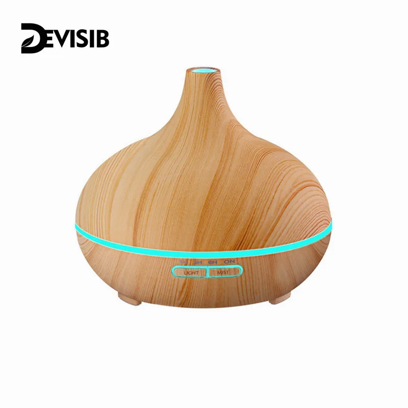 DEVISIB 300ml Aroma Essential Oil Diffuser Wood Grain Ultrasonic Cool Mist Humidifier 7 Color LED Light for Office Home Bedroom