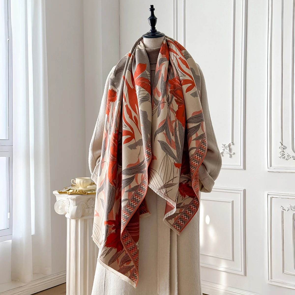 Brand Fashion Winter Warm Cashmere Scarf - Women's Tasseled Vintage Floral Oil Painting Printed Pashmina Thick Shawl & Poncho