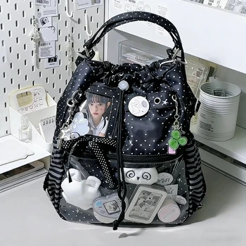 Zaino con coulisse a pois Borsa a tracolla a strati trasparente di grande capacità Borsa a tracolla per pendolari quotidiani da donna in stile anime carino