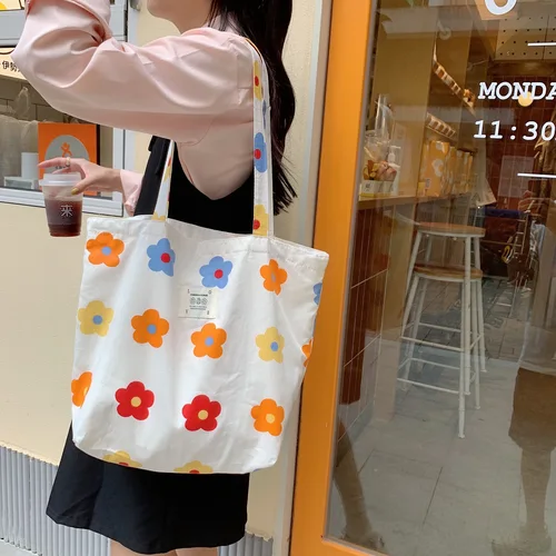 여성용 꽃무늬 캔버스 토트백, 대용량 프린트 숄더백, 쇼핑백, 여성 패션, 캐주얼 오픈 핸드백 4