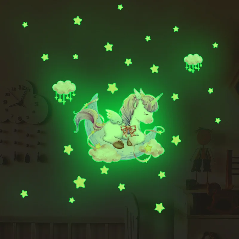 Unicorn Stars Luminous Wall Sticker Baby Kids Room Decoration Decals Bedroom Background Decor Glow In The Dark Wall paper Luminous Wall Stickers