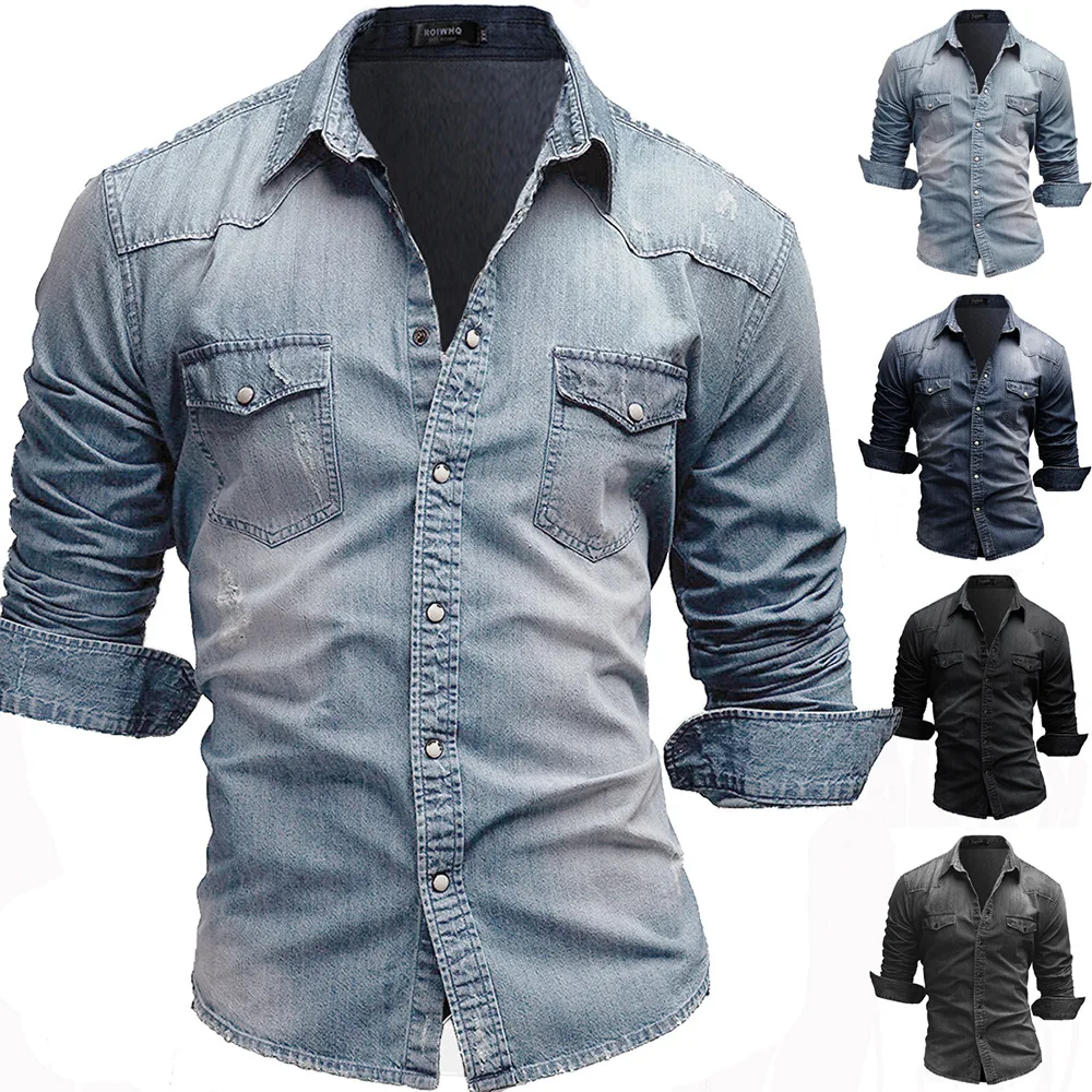 Happyjeffery Mens Cotton Denim Shirt Men Long Sleeve Slim Fit Cowboy