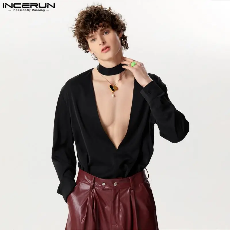 

2024 Men's Shirt Long Sleeve Tops Deep V Neck Fashion Shirts Men Clothing Streetwear Solid Color Casual Party Camisas INCERUN