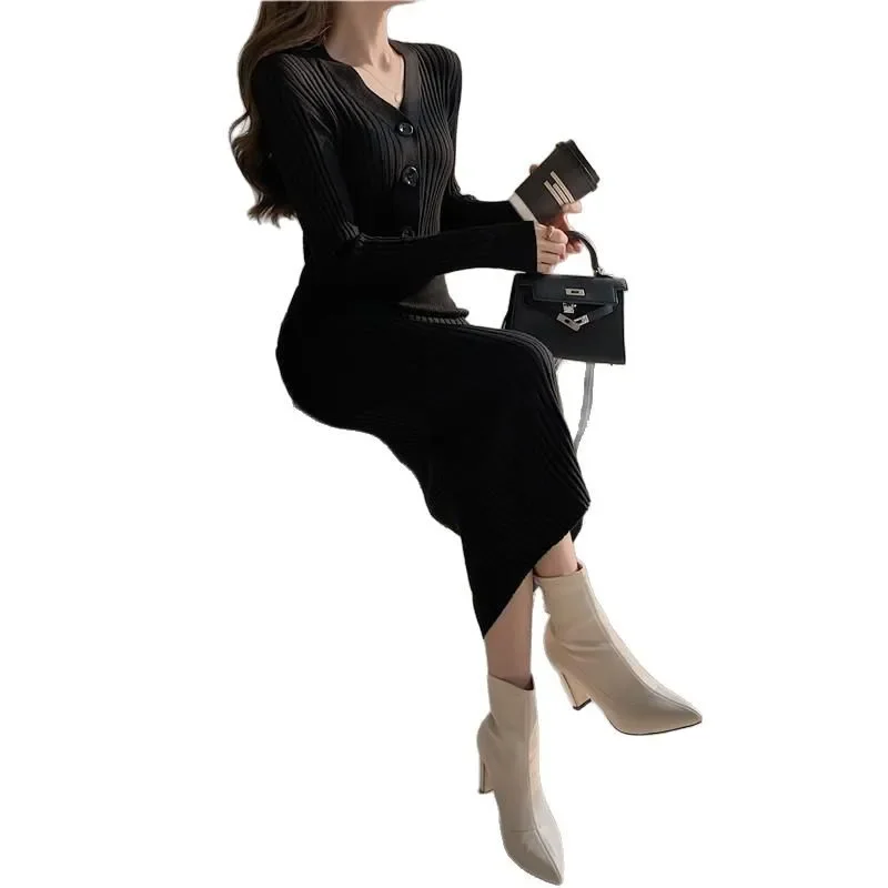 سليم صالح الركبة طول محبوك سترة فستان الخريف الشتاء ملابس خارجية الخصر مقصوص Bodycon المألوف قاعدة طبقة فستان قطعة واحدة