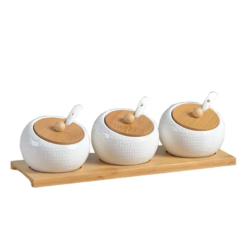 3 Piece Set Kitchen Supplies Ceramic Seasoning Pot Pepper Salt Glass Cruet Trapezoidal Bamboo Rack Tray