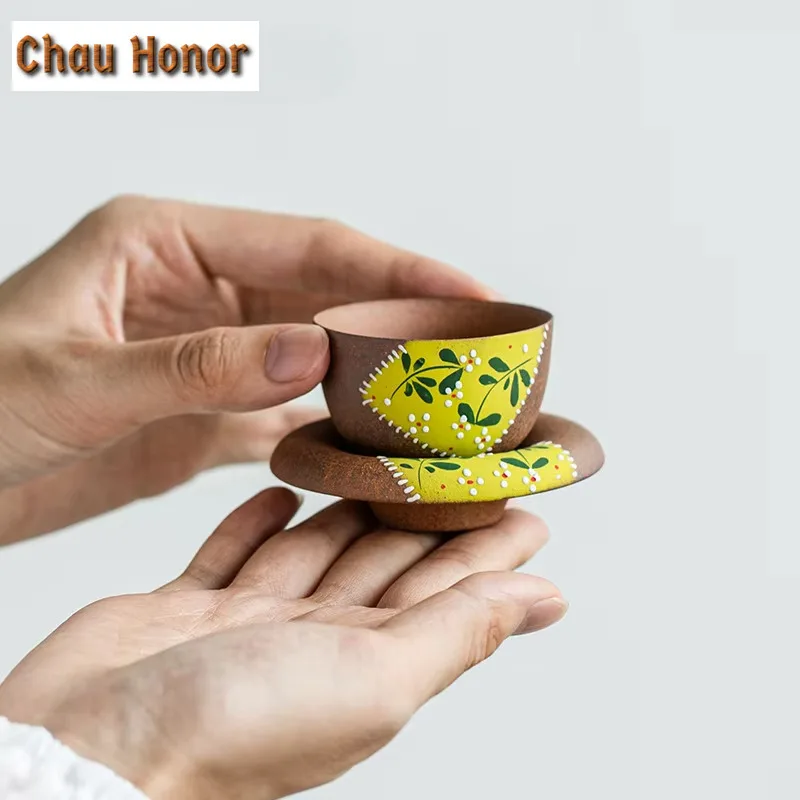 35ml Retro Pure Hand-painted Chrysanthemum Teacup Zen Old Rock Mud Tea Bowl Tea Cup Saucer Set Master Cups Tea Ceremony Craft