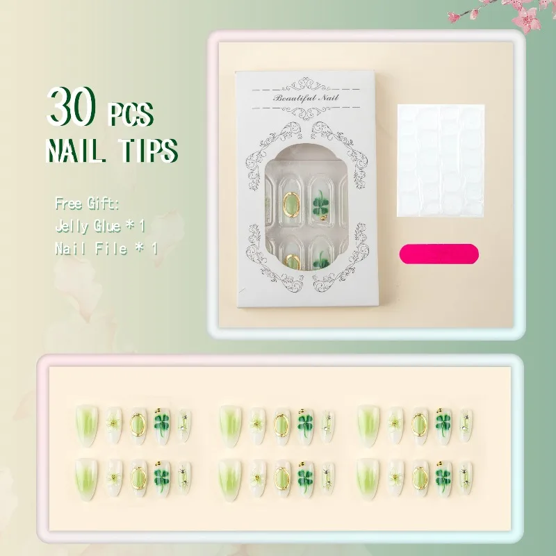 24개입 귀여운 그린 클로버 그라데이션 패턴 프레스온 네일 풀커버 3D 꽃 골든 스타 아몬드 모양 여성용 패션 네일