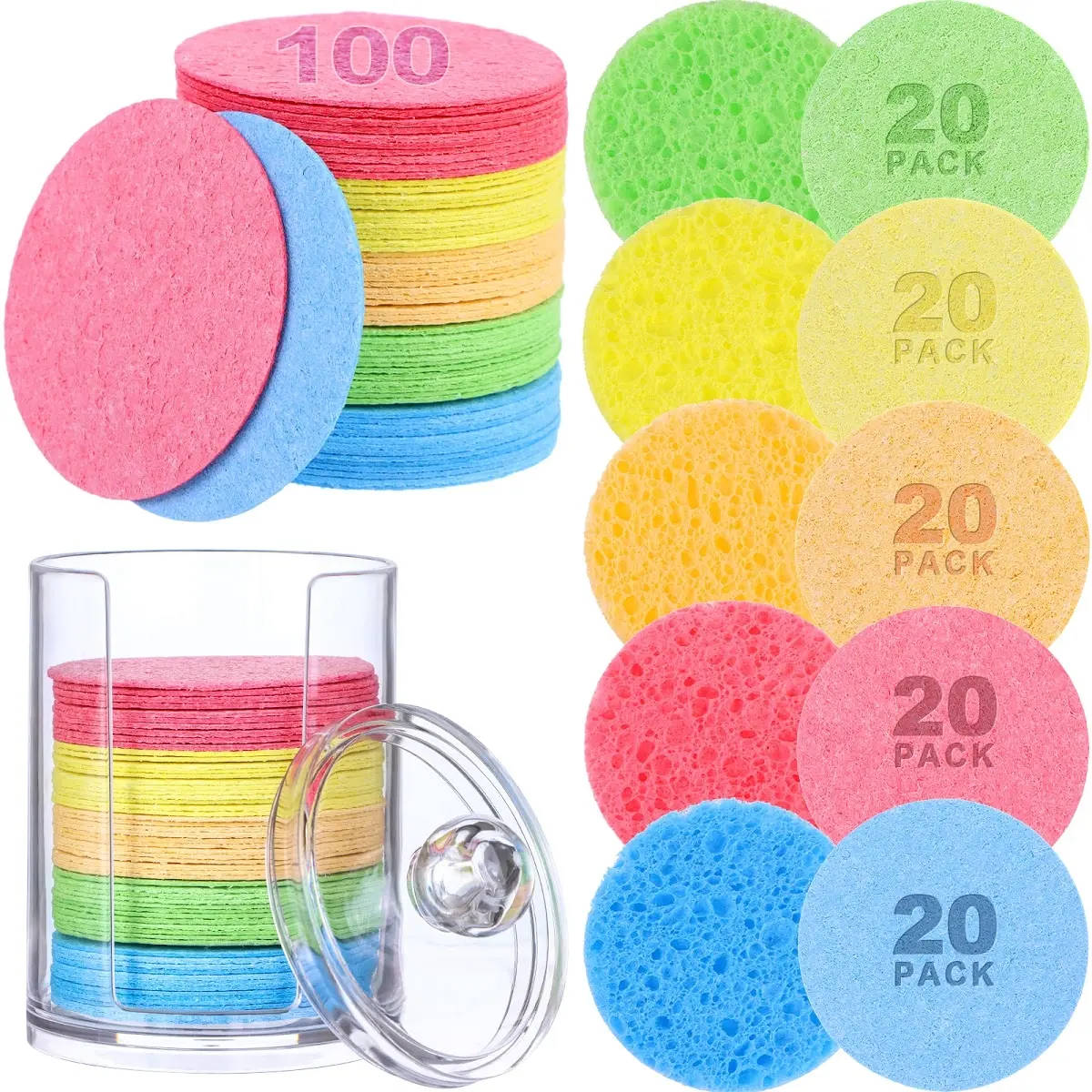 100 Pieces Compressed Facial Sponges with Plastic Storage Container