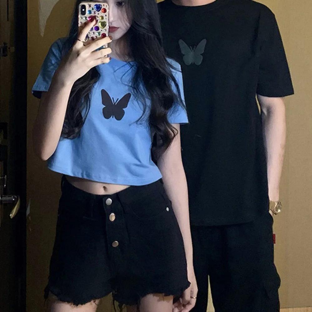 Butterfly Print Short Sleeve Tee Tops for Summer