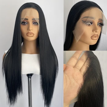 13x4 Long Silky Straight Wig Black Synthetic Lace Front Wig for Women Ash Blonde Glueless Wigs Natural Hairline Daily Wear Wigs