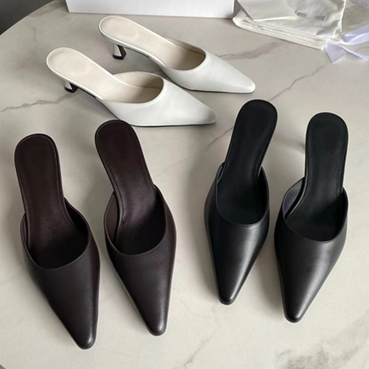 

Maxdutti Italian Cowhide Retro Pointed 5.5cm High Heels French Muller Shoes Minimalism Summer Slippers Sandals Shoes Women