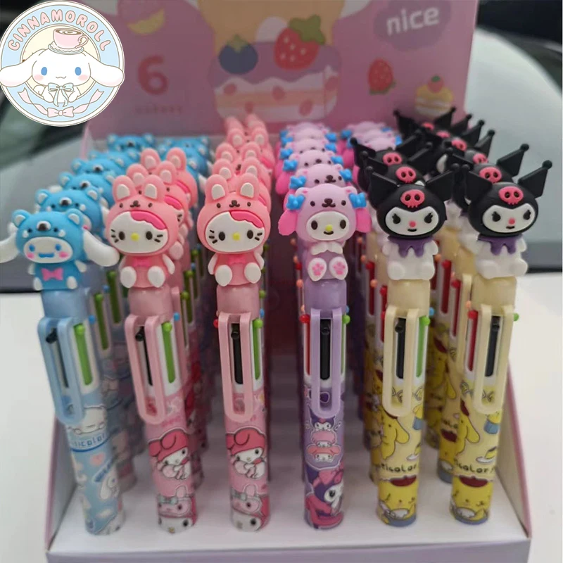 

36pcs Sanrio Cartoon 6-color Ballpoint Pen Silicone Hello Kitty Kuromi Melody Cute Mini Students Learn To Press Pens Exam Reward