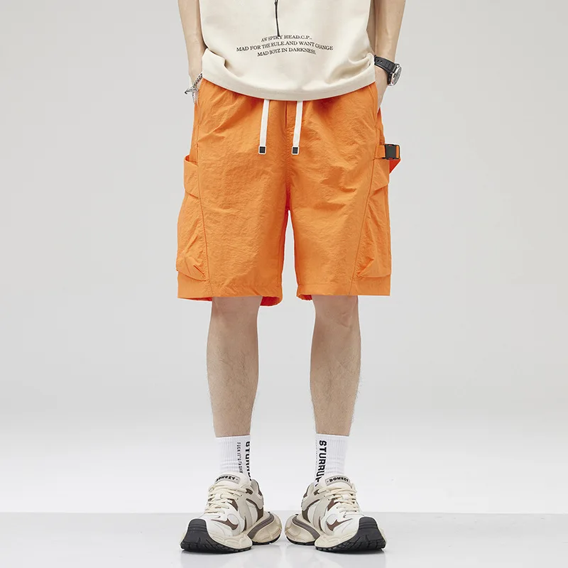 American orange casual shorts, men's trendy loose nylon five point paratrooper beach, summer thin ice silk oversized shorts