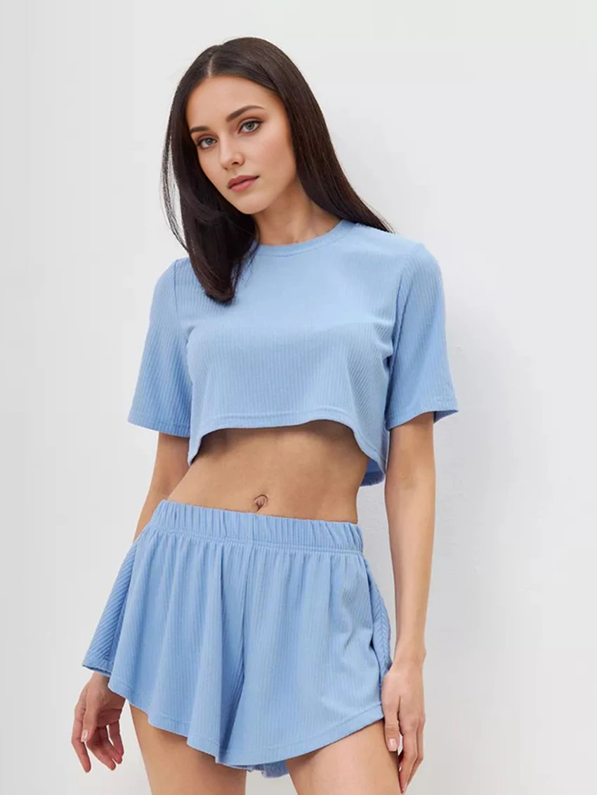 Marthaqiqi Loose Ladies Nightgown Set Short Sleeve Nightwear Crop Top Pajama O-Neck Sleepwear Shorts Casual Nightie 2 Piece Suit
