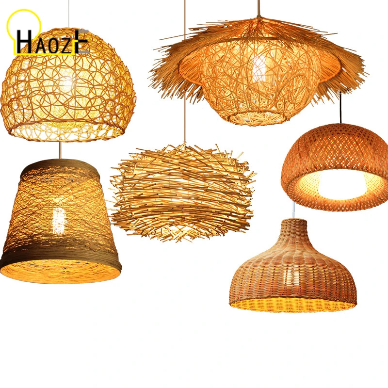 

Haoze Bamboo Pendant Lamp Hand Knitted Chinese Style Weaving Hanging Lamps 18/19/30cm Restaurant Home Decor Lighting Fixtures